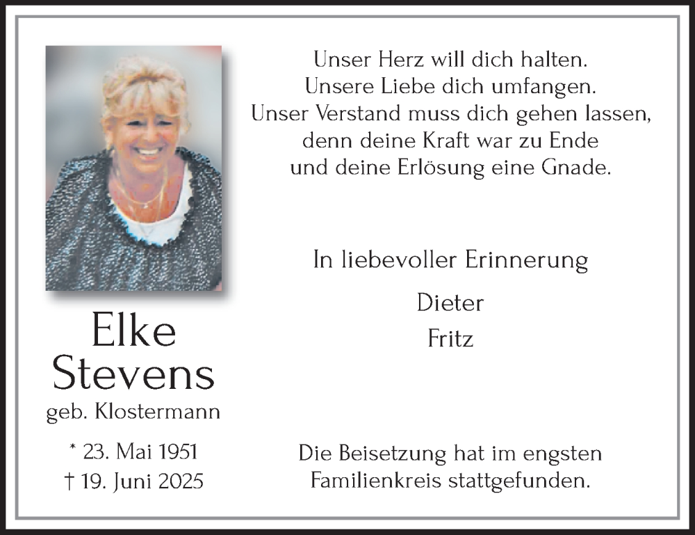  Traueranzeige für Elke Stevens vom 06.07.2025 aus trauer.extra-tipp-moenchengladbach.de