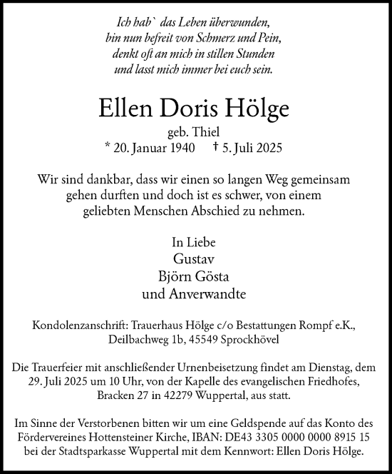 Traueranzeige von Ellen Doris Hölge von trauer.wuppertaler-rundschau.de