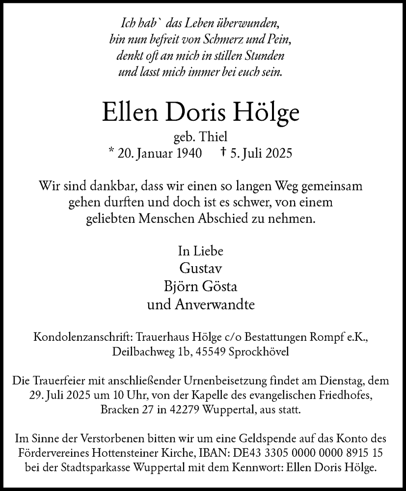  Traueranzeige für Ellen Doris Hölge vom 26.07.2025 aus trauer.wuppertaler-rundschau.de