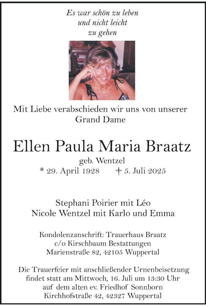  Traueranzeige für Ellen Paula Maria Braatz vom 12.07.2025 aus trauer.wuppertaler-rundschau.de