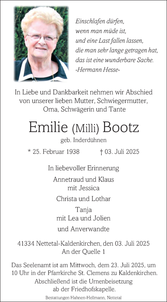 Traueranzeige von Emilie Bootz von trauer.extra-tipp-moenchengladbach.de