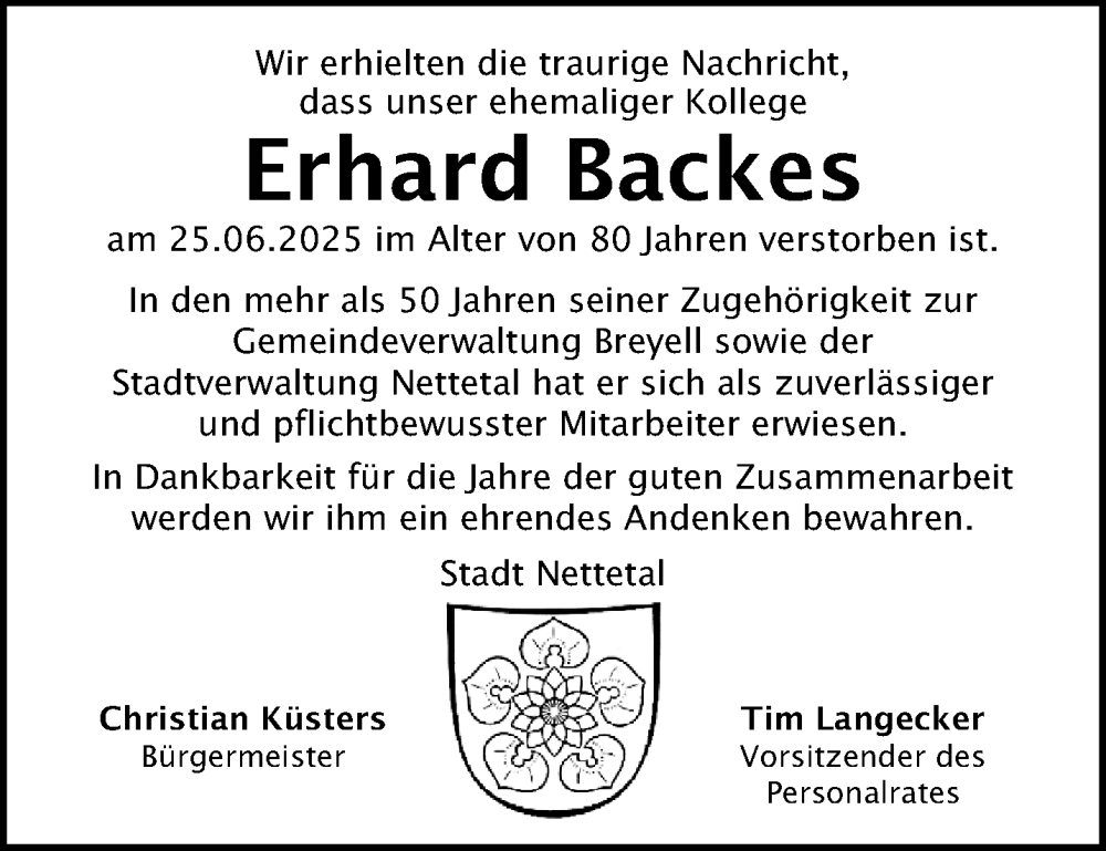  Traueranzeige für Erhard Backes vom 06.07.2025 aus trauer.extra-tipp-moenchengladbach.de