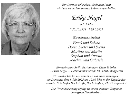 Traueranzeige von Erika Nagel von trauer.wuppertaler-rundschau.de
