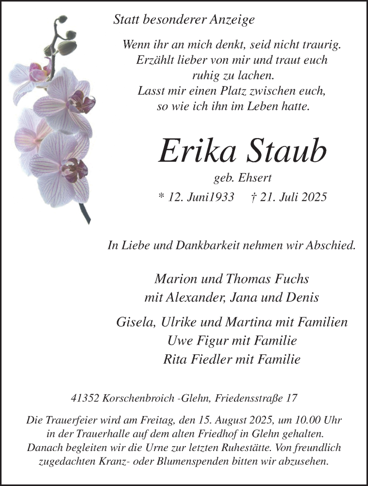  Traueranzeige für Erika Staub vom 27.07.2025 aus trauer.extra-tipp-moenchengladbach.de