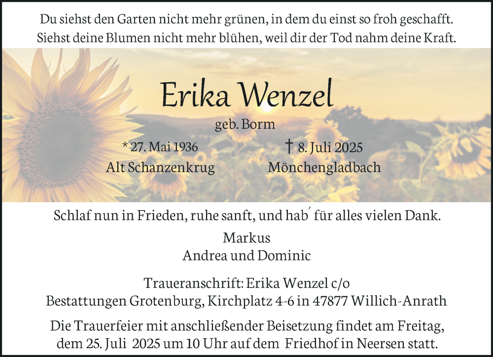  Traueranzeige für Erika Wenzel vom 20.07.2025 aus trauer.extra-tipp-moenchengladbach.de