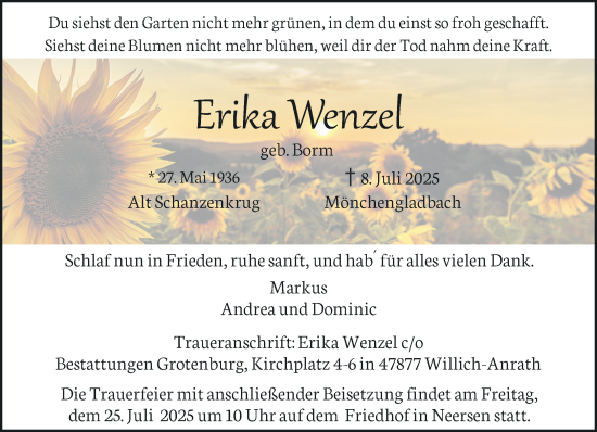 Traueranzeige von Erika Wenzel von trauer.extra-tipp-moenchengladbach.de