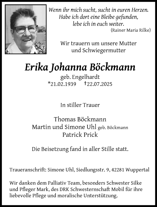 Traueranzeige von Erika Johanna Böckmann von trauer.wuppertaler-rundschau.de