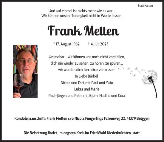 Traueranzeige von Frank Metten von trauer.extra-tipp-moenchengladbach.de