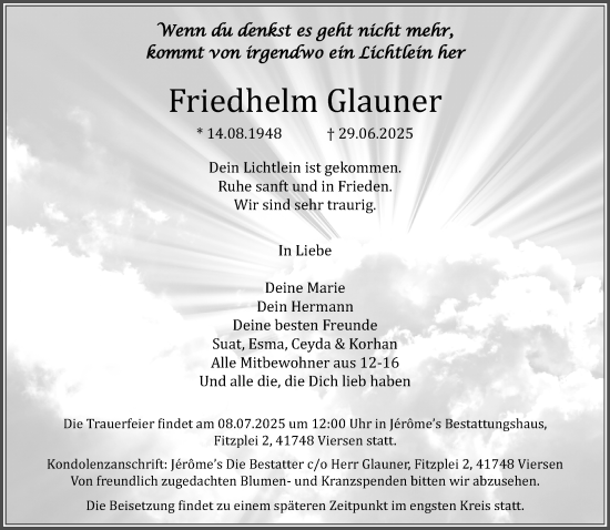 Traueranzeige von Friedhelm Glauner von trauer.extra-tipp-moenchengladbach.de