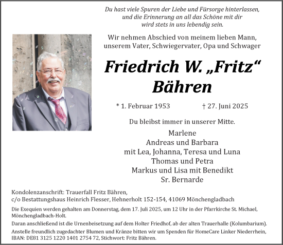 Traueranzeige von Friedrich W. Bähren von trauer.extra-tipp-moenchengladbach.de
