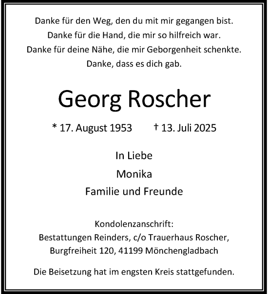 Traueranzeige von Georg Roscher von trauer.extra-tipp-moenchengladbach.de