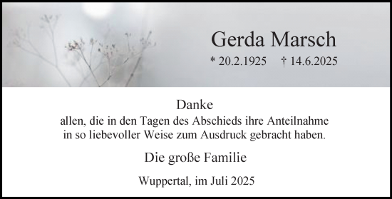 Traueranzeige von Gerda Marsch von trauer.wuppertaler-rundschau.de