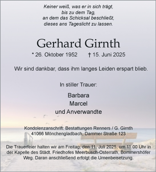 Traueranzeige von Gerhard Girnth von trauer.extra-tipp-moenchengladbach.de