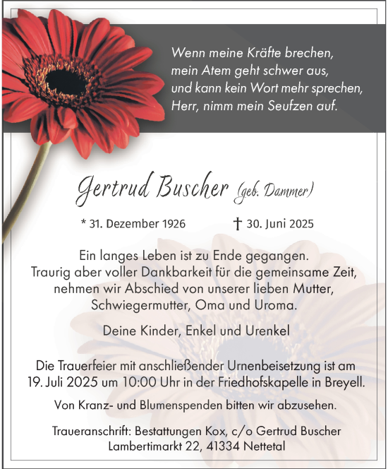 Traueranzeige von Gertrud Buscher von trauer.extra-tipp-moenchengladbach.de