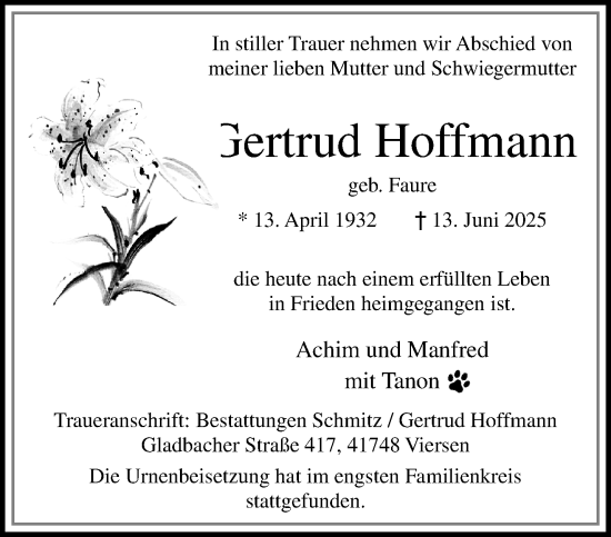 Traueranzeige von Gertrud Hoffmann von trauer.extra-tipp-moenchengladbach.de