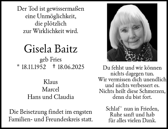 Traueranzeige von Gisela Baitz von trauer.wuppertaler-rundschau.de