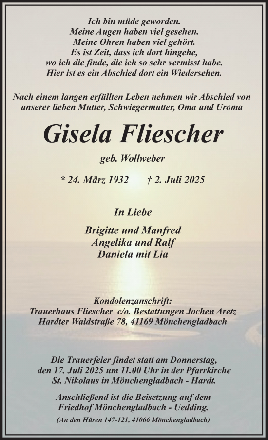 Traueranzeige von Gisela Fliescher von trauer.extra-tipp-moenchengladbach.de