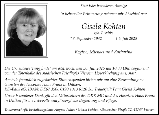 Traueranzeige von Gisela Kohten von trauer.extra-tipp-moenchengladbach.de