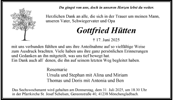 Traueranzeige von Gottfried Hütten von trauer.extra-tipp-moenchengladbach.de