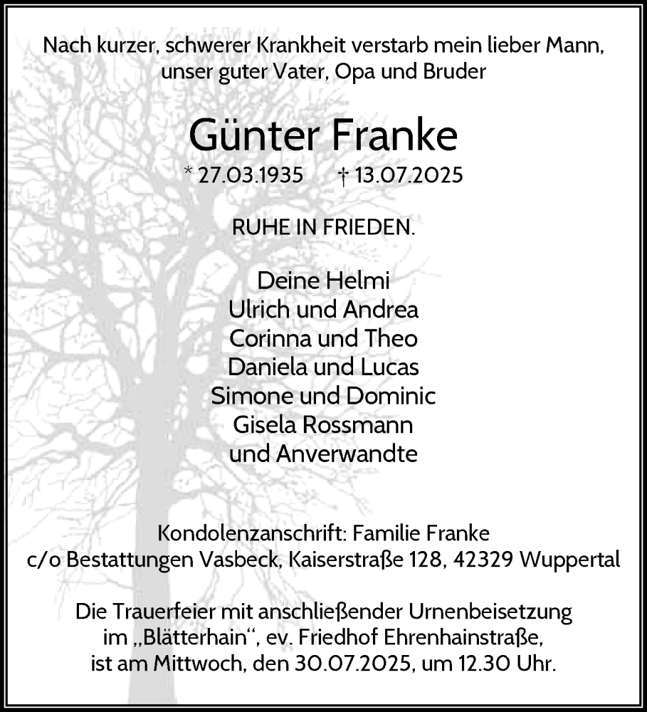  Traueranzeige für Günter Franke vom 26.07.2025 aus trauer.wuppertaler-rundschau.de