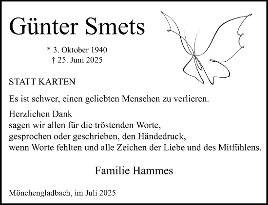 Traueranzeige von Günter Smets von trauer.extra-tipp-moenchengladbach.de