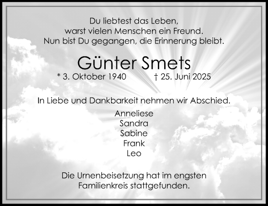 Traueranzeige von Günter Smets von trauer.extra-tipp-moenchengladbach.de