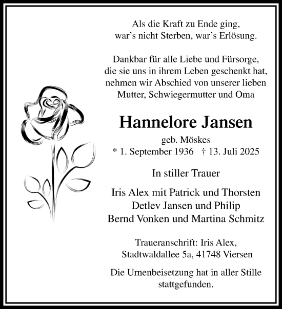 Traueranzeige von Hannelore Jansen von trauer.extra-tipp-moenchengladbach.de