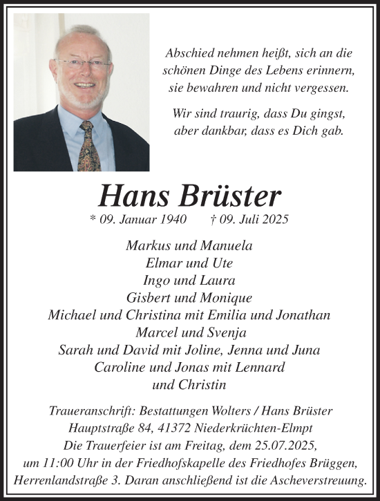 Traueranzeige von Hans Brüster von trauer.extra-tipp-moenchengladbach.de