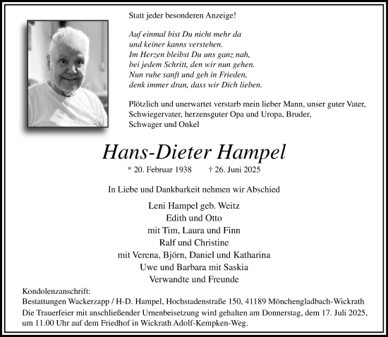 Traueranzeige von Hans-Dieter Hampel von trauer.extra-tipp-moenchengladbach.de