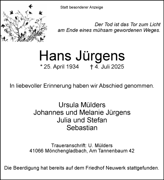 Traueranzeige von Hans Jürgens von trauer.extra-tipp-moenchengladbach.de