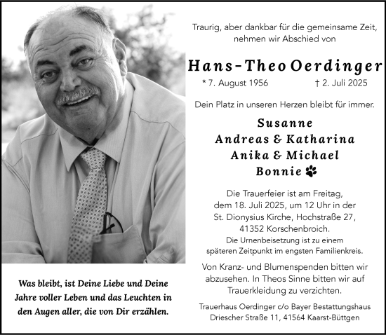 Traueranzeige von Hans-Theo Oerdinger von trauer.extra-tipp-moenchengladbach.de