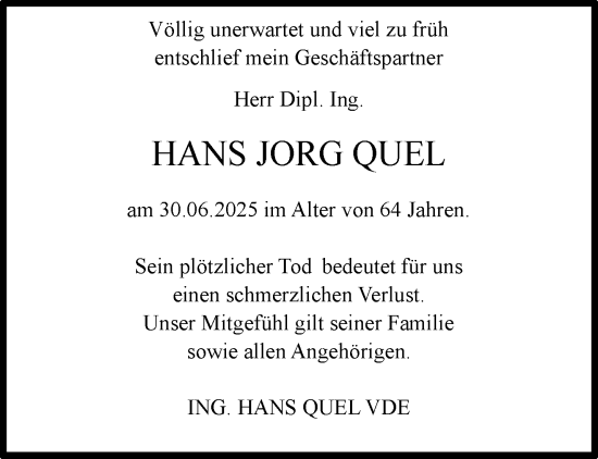 Traueranzeige von Hans Jorg Quel von trauer.wuppertaler-rundschau.de