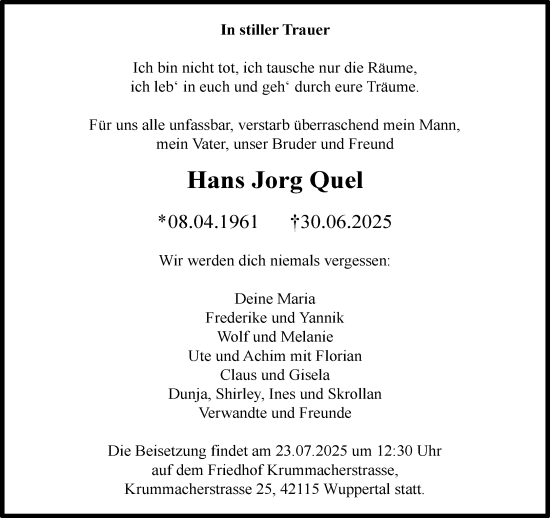 Traueranzeige von Hans Jorg Quel von trauer.wuppertaler-rundschau.de