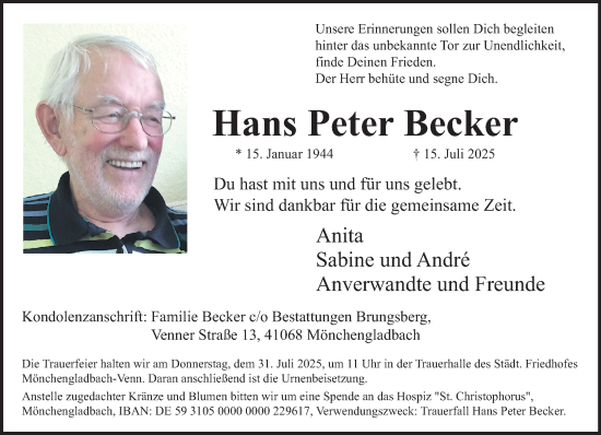 Traueranzeige von Hans Peter Becker von trauer.extra-tipp-moenchengladbach.de
