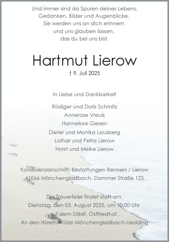 Traueranzeige von Hartmut Lierow von trauer.extra-tipp-moenchengladbach.de