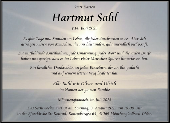 Traueranzeige von Hartmut Sahl von trauer.extra-tipp-moenchengladbach.de