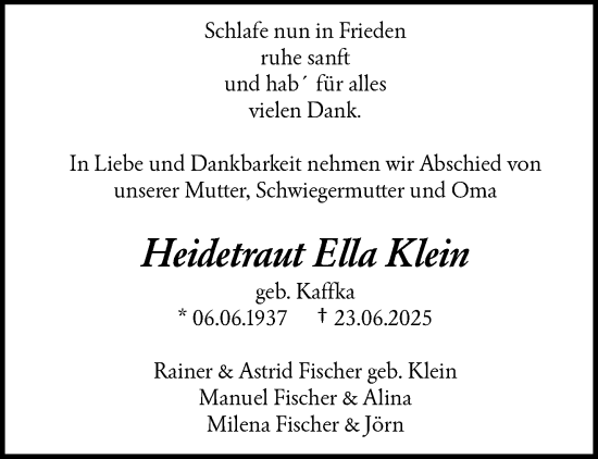 Traueranzeige von Heidetraut Ella Klein von trauer.wuppertaler-rundschau.de