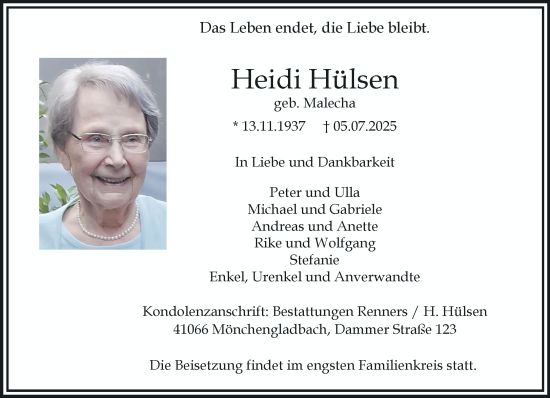 Traueranzeige von Heidi Hülsen von trauer.extra-tipp-moenchengladbach.de