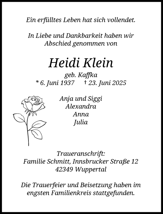 Traueranzeige von Heidi Klein von trauer.wuppertaler-rundschau.de