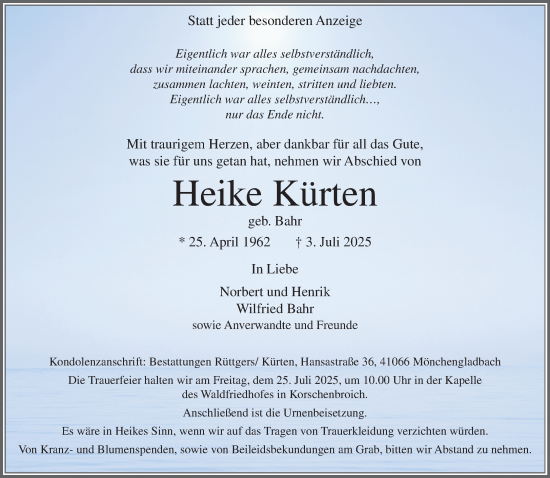 Traueranzeige von Heike Kürten von trauer.extra-tipp-moenchengladbach.de