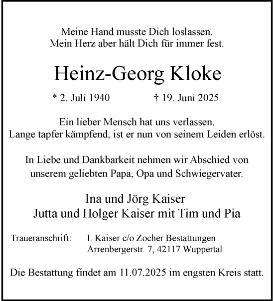 Traueranzeige von Heinz-Georg Kloke von trauer.wuppertaler-rundschau.de