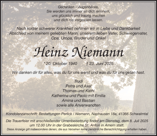 Traueranzeige von Heinz Niemann von trauer.extra-tipp-moenchengladbach.de