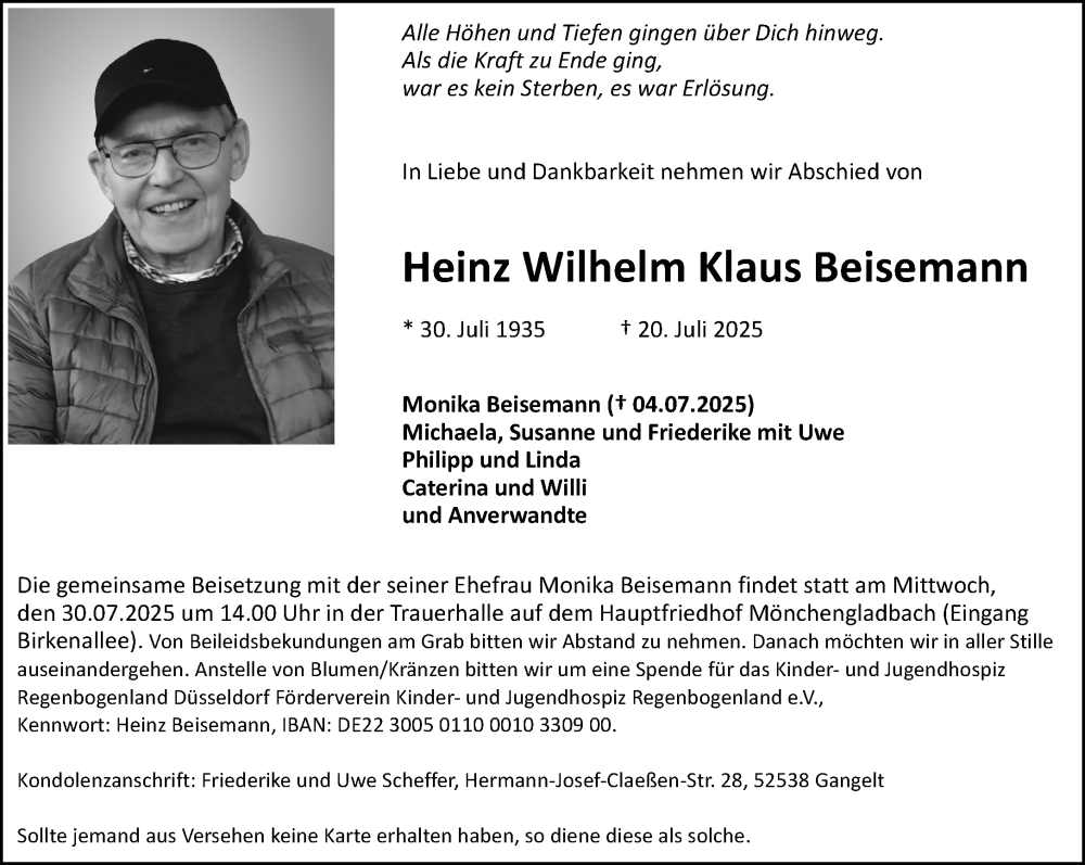  Traueranzeige für Heinz Wilhelm Klaus Beisemann vom 27.07.2025 aus trauer.extra-tipp-moenchengladbach.de