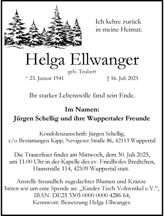 Traueranzeige von Helga Ellwanger von trauer.wuppertaler-rundschau.de