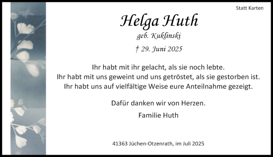 Traueranzeige von Helga Huth von trauer.stadt-kurier.de