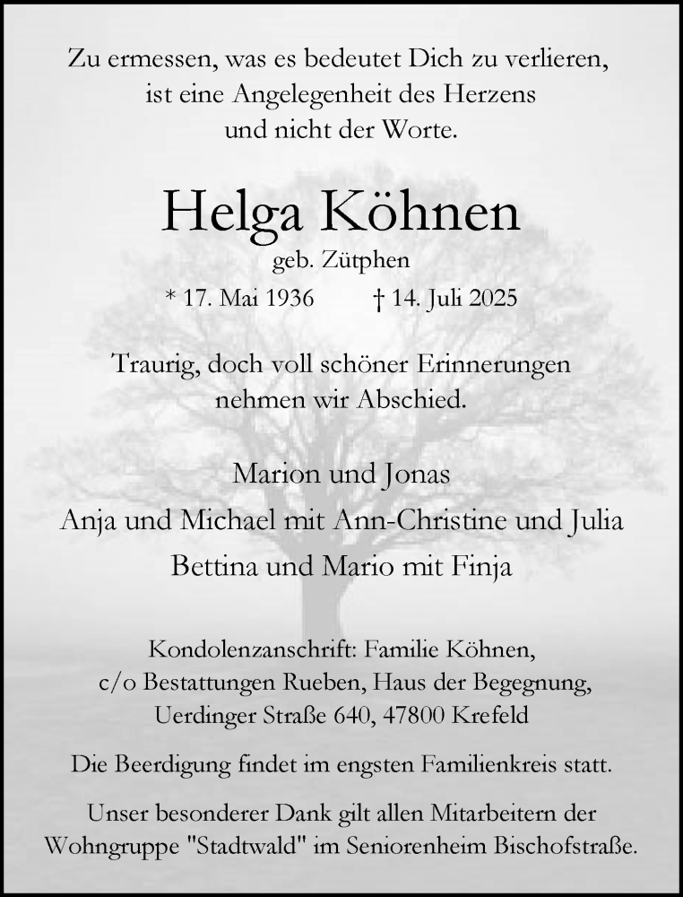  Traueranzeige für Helga Köhnen vom 20.07.2025 aus trauer.extra-tipp-moenchengladbach.de