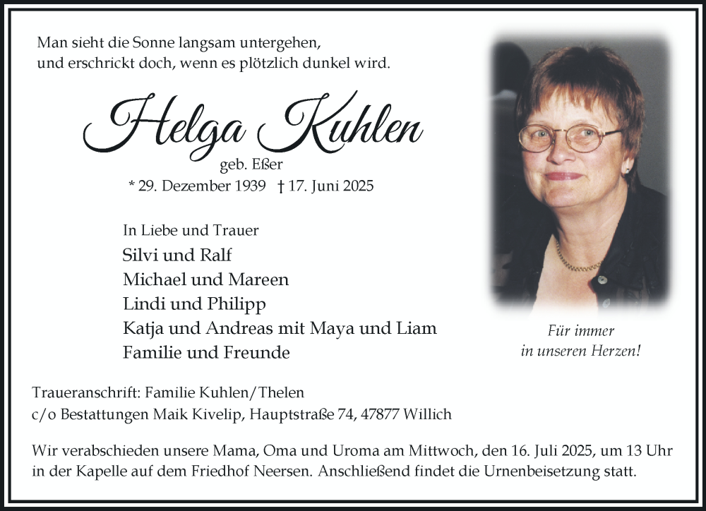  Traueranzeige für Helga Kuhlen vom 06.07.2025 aus trauer.extra-tipp-moenchengladbach.de