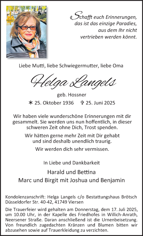 Traueranzeige von Helga Langels von trauer.extra-tipp-moenchengladbach.de