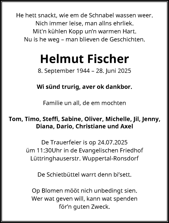 Traueranzeige von Helmut Fischer von trauer.wuppertaler-rundschau.de