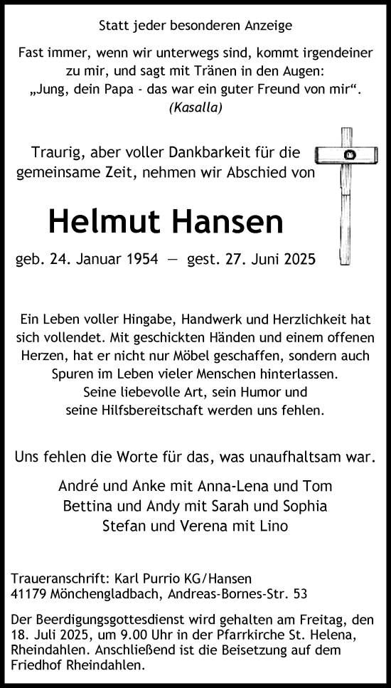 Traueranzeige von Helmut Hansen von trauer.extra-tipp-moenchengladbach.de